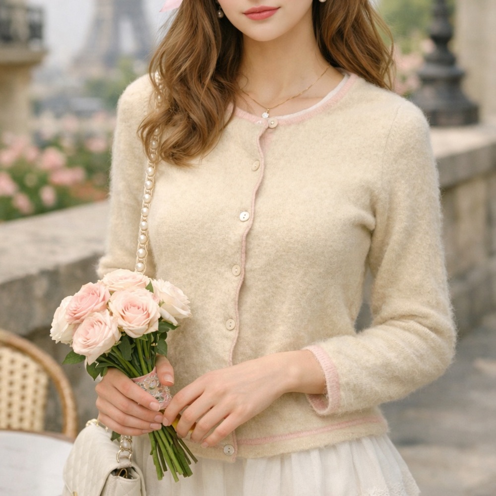 Ann Taylor Cream & Light Pink Fuzzy Button-Front Cardigan
